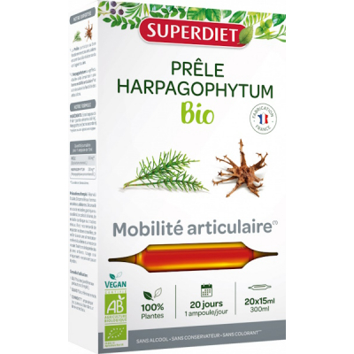Super Diet Prêle Harpagophytum Bio 20 ampoules de 15ml complément alimentaire en ampoules buvables Les Copines Bio