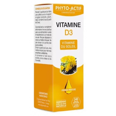 Phyto Actif Vitamine D3 400UI Flacon compte gouttes 15ml immunité croissance osseuse Les copines bio