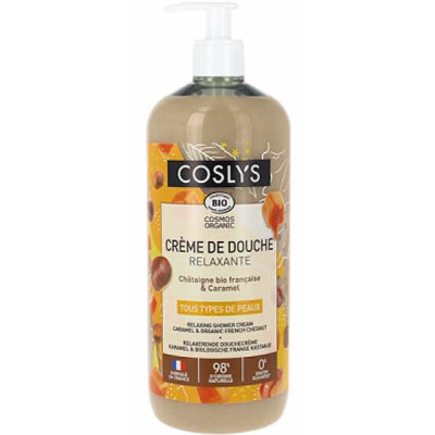 Coslys Crème de douche relaxante châtaigne caramel 1 Litre gel douche gourmand Les copines bio