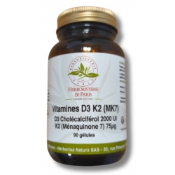 Herboristerie de Paris Vitamine D3 2000UI Vitamine K2 90 gélules Ménaquinone 7 immunité les copines bio 